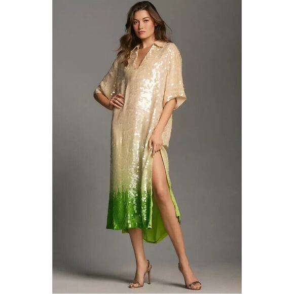 Anthropologie Dhruv Kapoor Short-Sleeve Collared Sequin Midi Dress Sze Small NWT - Picture 13 of 15